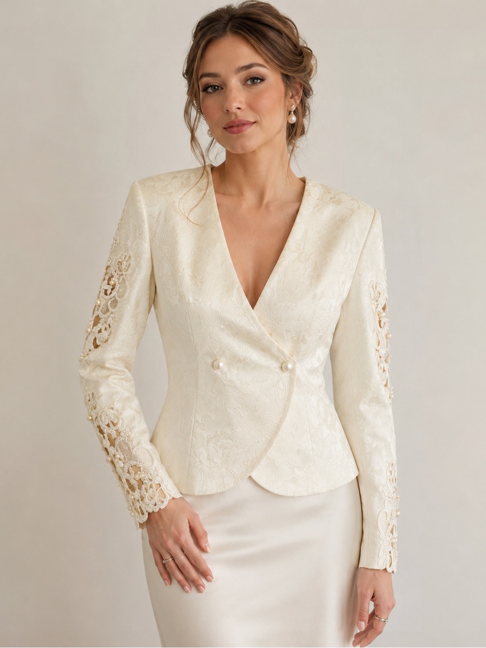 Vintage Jessica McClintock Bridal Jacket Sz 6 Ivory Pearl Lace Brocade